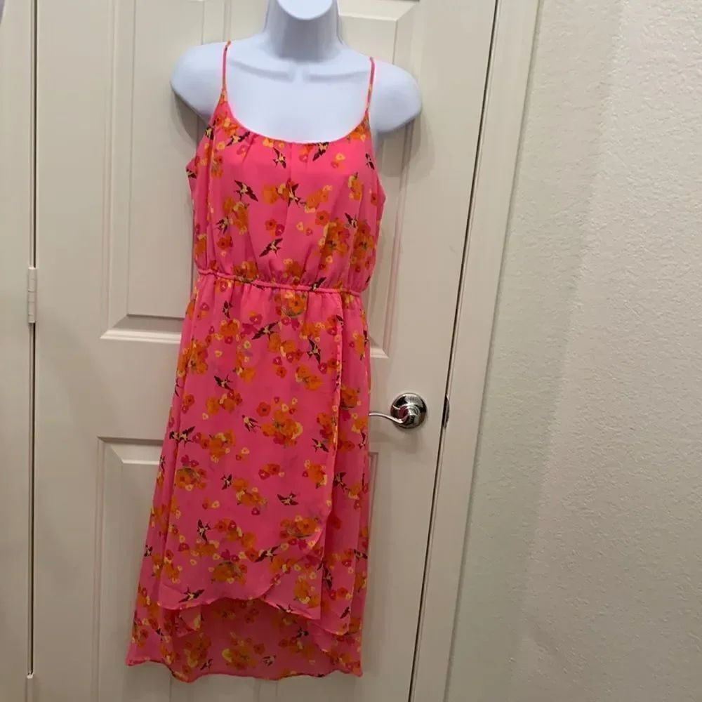 Free Birdย Medium Pink Scoop Neck SpaghettiโStraps Hi Lo Hem Birds FlowersโDress